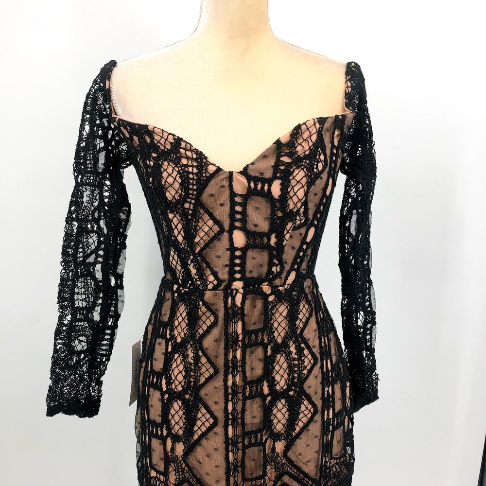 BARDOT Women's Zendaya Mini Lace Dress Large Black Nude Off Shoulder NWT - Picture 6 of 13
